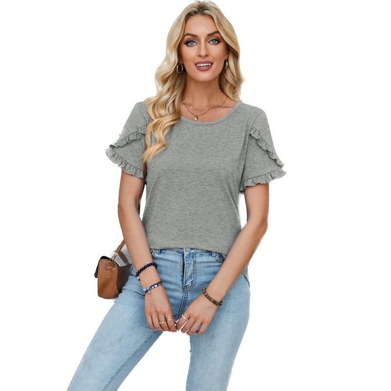 HNXC Women's Fashion Casual Solid Color Print Short Sleeve O Neck Blouses & Shirts