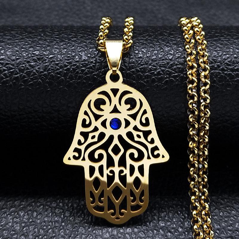 Vintage Arabic Hamsa Hand Pendant Necklace Stainless Steel Chain Hand of Fatima Choker Amulet Necklaces Islam Woman Jewelry Gift