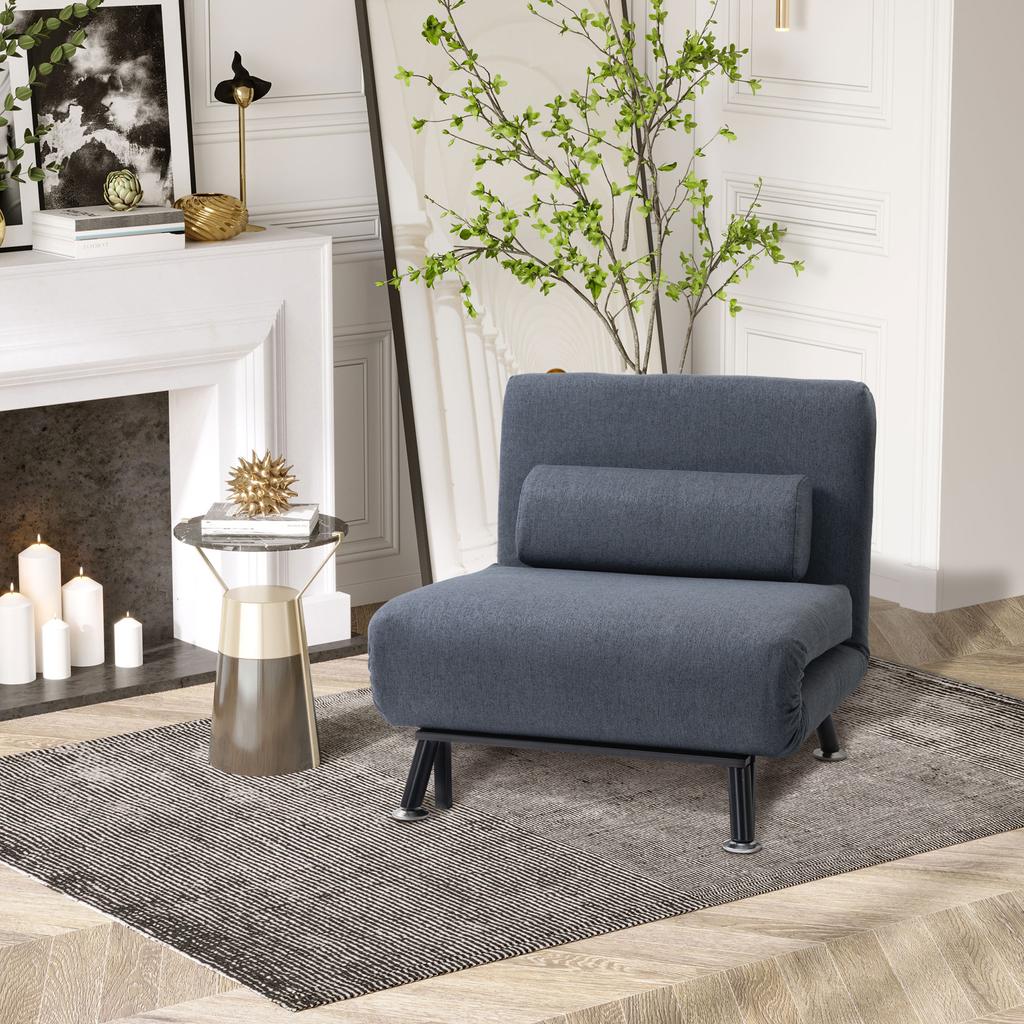 Single Sofa Chair Bed, Linen Fabric 3-in-1 Convertible Sleeper Chair with 5-Position Adjustable Backrest, 75cm Wide Seat, Pillow for Living Room