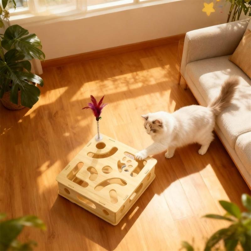 Stable Interactively Wooden Cats Scratching Toy Puzzle Mazes and Bells Ball for Engaging Playing and Natural Claws Care