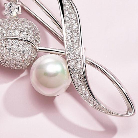 Women Brooch High-Gloss Rhinestone Inlay Imitation Pearl Decor Sparkling Tulip Design Lapel