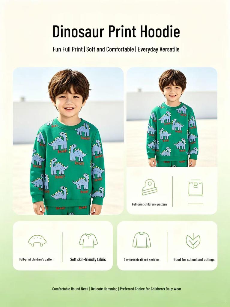 Trendy Boys' Dinosaur Cartoon Sweatshirt - Long Sleeve Pullover for Spring & Autumn
