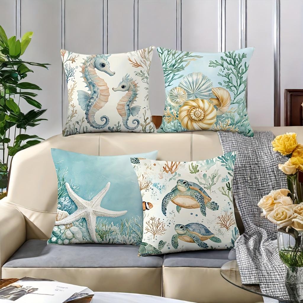 4pcs, printed pillowcases, including seahorse, starfish, turtle and other patterns. Suitable for home decoration, outdoor, room