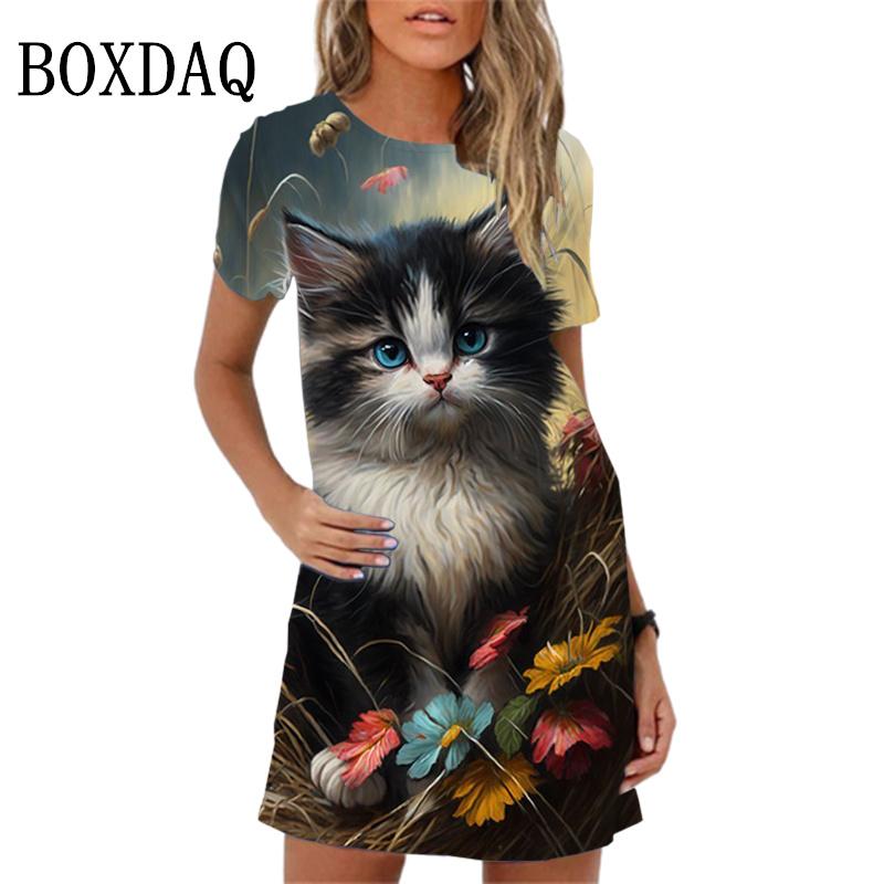 Short-sleeved women's mini dress with a collar opening design, featuring a classic cartoon cat pattern, trendy summer casual women's wear