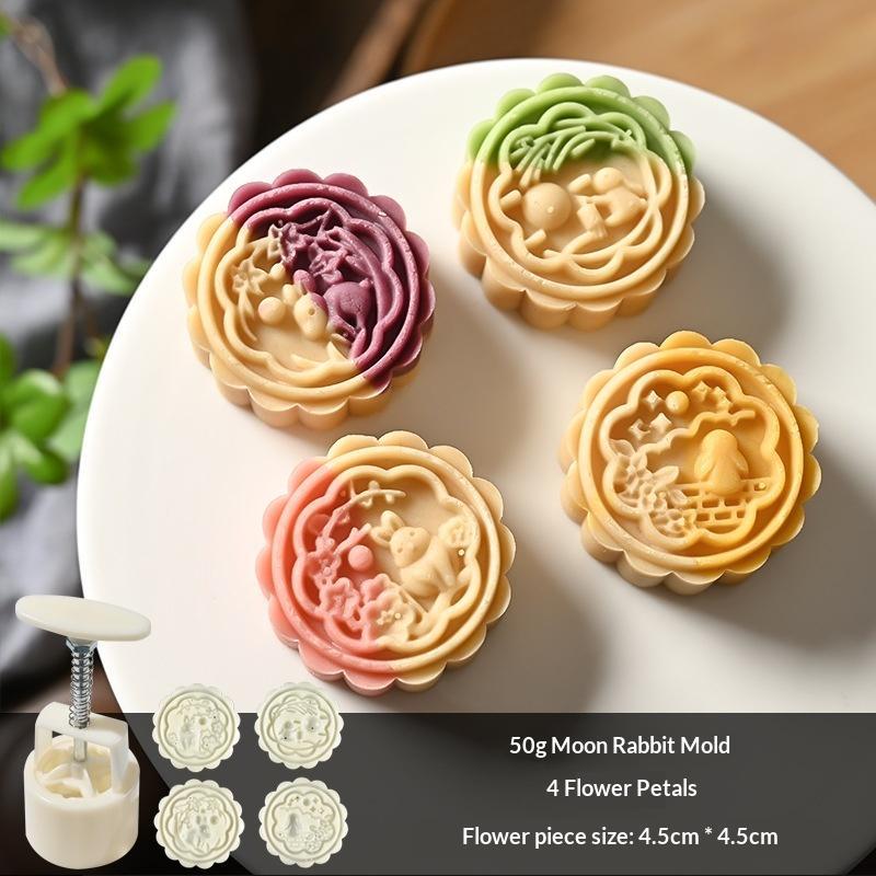 Plastic Hand Press Mooncake Mold No Oil Demold Needed with Multiple Pattern Stamps for Home Beginner Baking