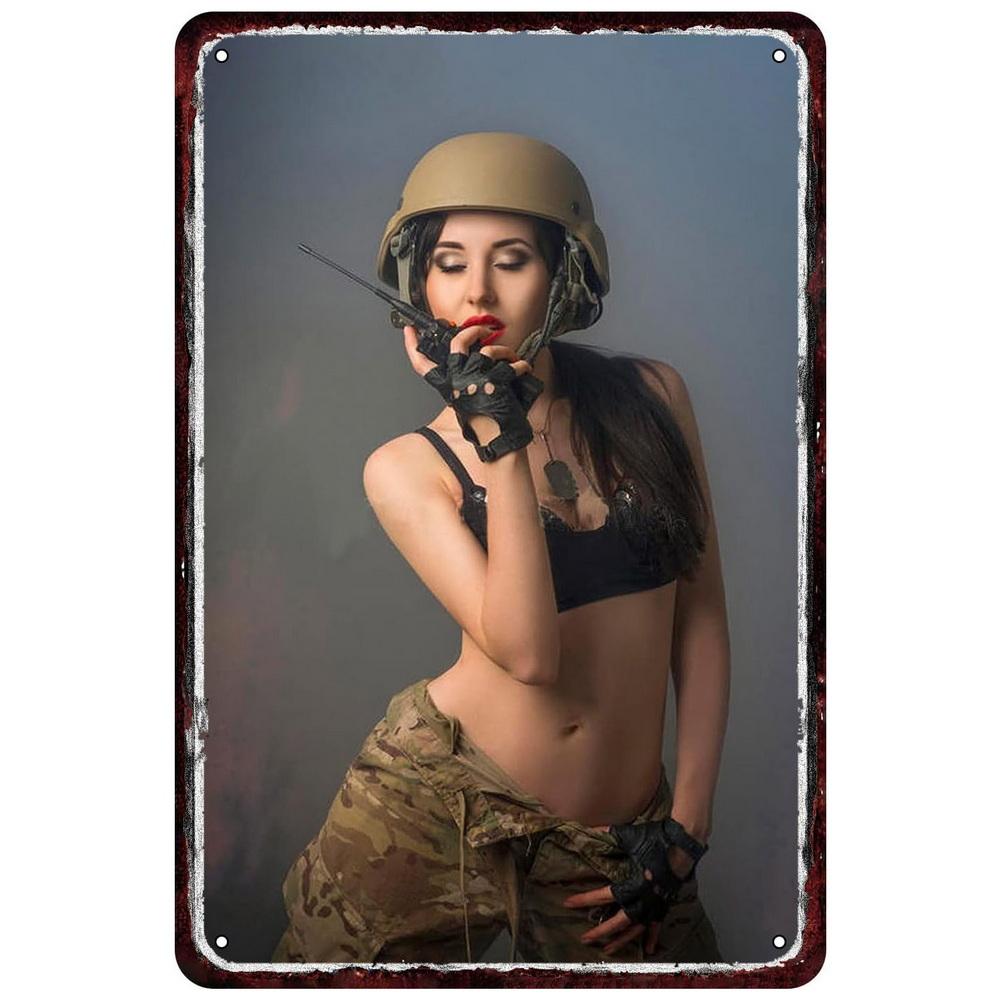 Vintage Metallblechschilder Militärische Pin-up-Mädchen Wandposter Schild Eisenmalerei Dekoration für Garage Spielzimmer Zuhause Café Club