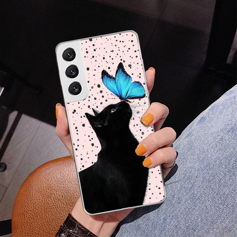 Black Cat Cartoon Cute Phone Case For Samsung Galaxy S24 S25 Edge S26 Ultra S23 S22 S21 Plus S20 FE + Personalized Print Cover G