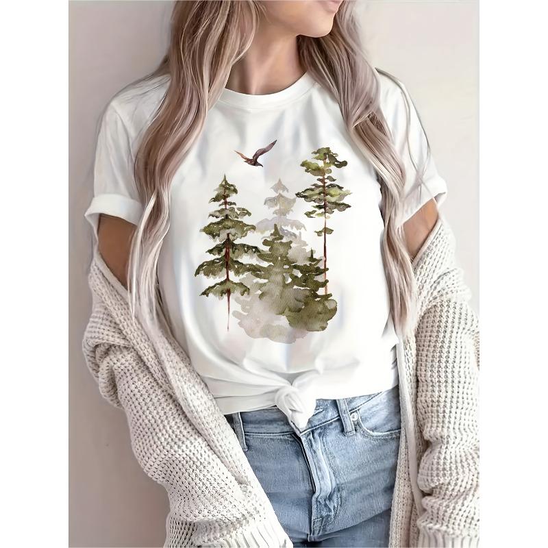 Casual Simple Abstract Painting of an Eagle Hovering Over the Woods Breathable Printed Round Neck Short-sleeved T-shirt Casual Sports Shirt S