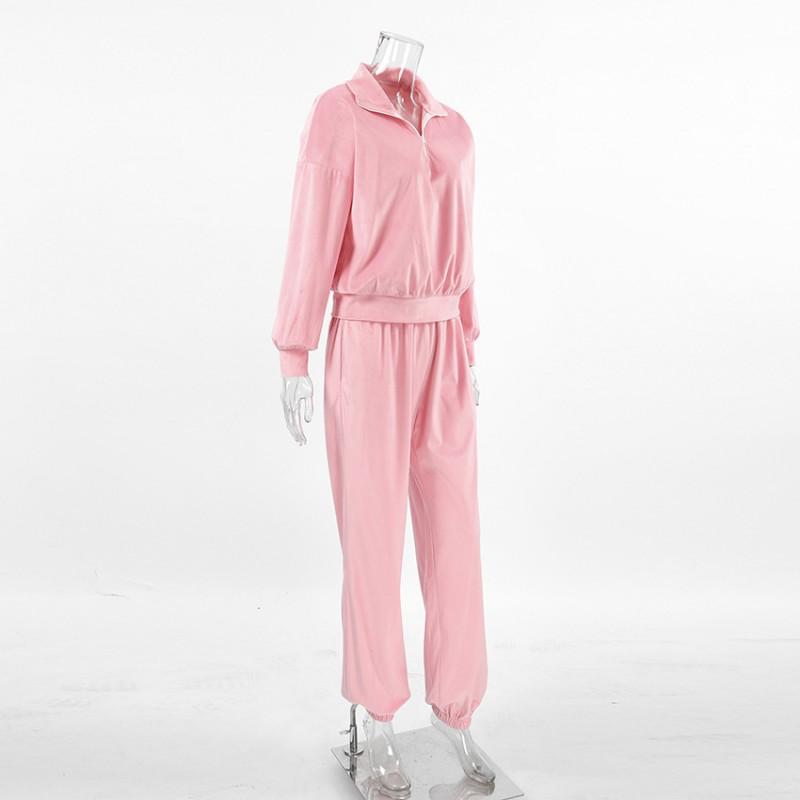 Womens Fall Winter Street Style 2-Piece Tracksuit Set Pink Polo Neck Top Velvet Pants