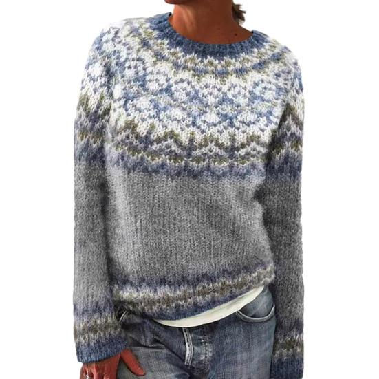 Women Sweater O-Neck Long Sleeve Geometric Pattern Patchwork Color Knitting Tops Loose Fit Crochet Tops