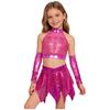 Girls Jazz Sleeveless Keyhole Back Sequins Crop Top Asymmetric Metallic Skirt Sequined Tassels Gloves Set