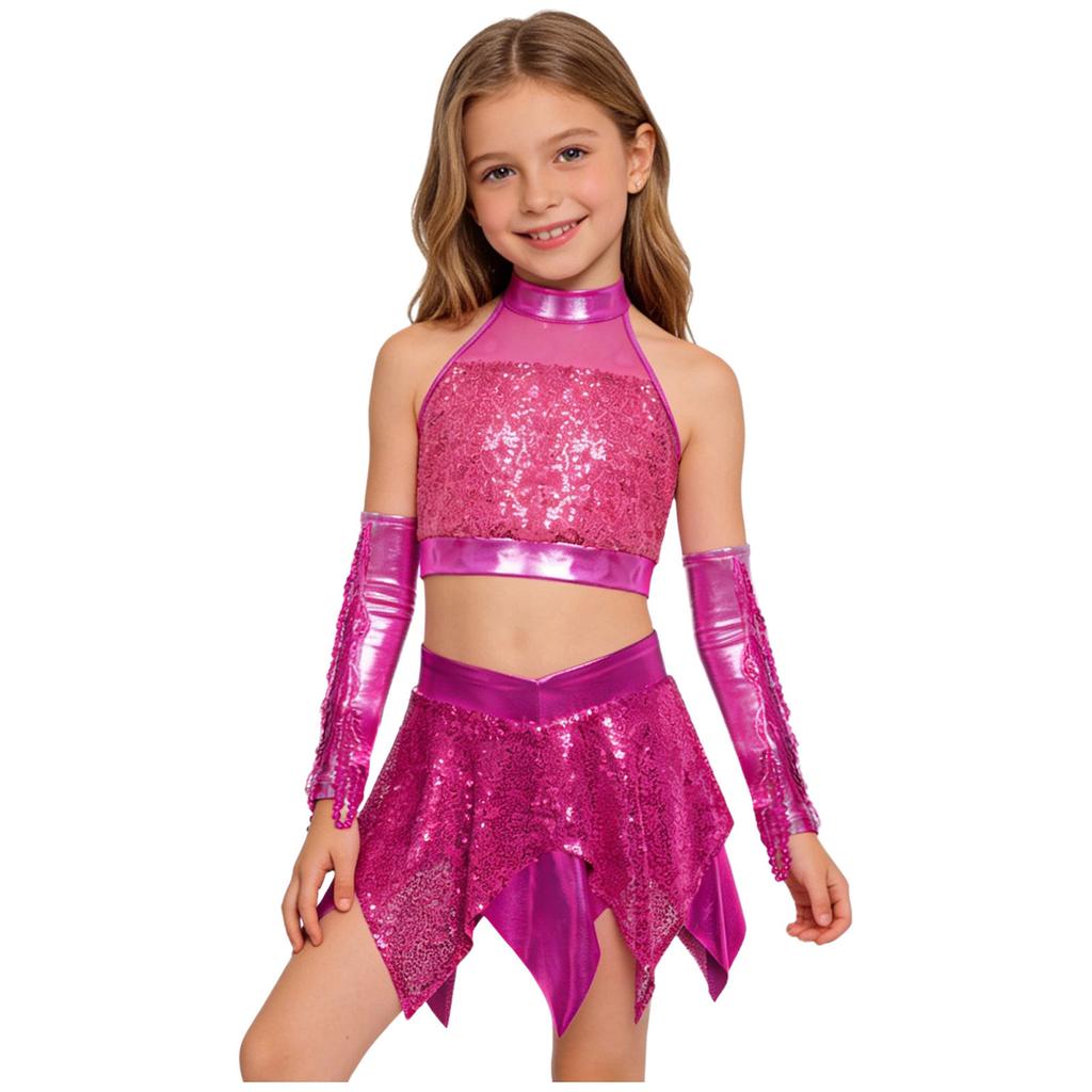 Girls Jazz Sleeveless Keyhole Back Sequins Crop Top Asymmetric Metallic Skirt Sequined Tassels Gloves Set