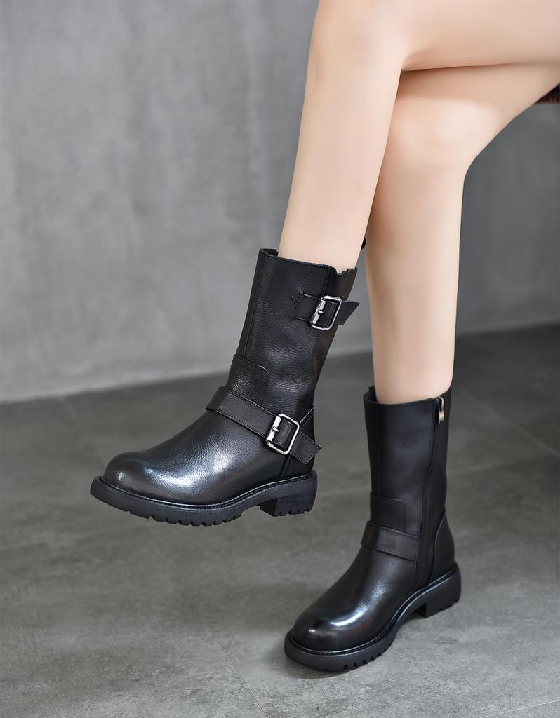 Short Round Genuine Side Low Western Easy to Walk [ZUYEE] Women's Boots, Toe, Leather, Zip, Belt, Heel, Engineer, Mid-Length Boots, Boots, in, Black,