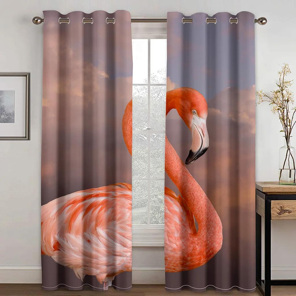High Quality Flamingo Beach Sea Print Thick Blackout Curtain Pink Animal for Living Room Window High Shading Curtains New Drape