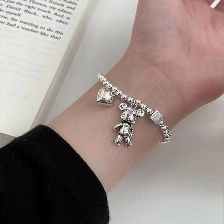 Trendy Women's Love Mechanical Teddy Bear Bracelet - Elastic Bangle with Round Beads, Niche Design In Ins Style.