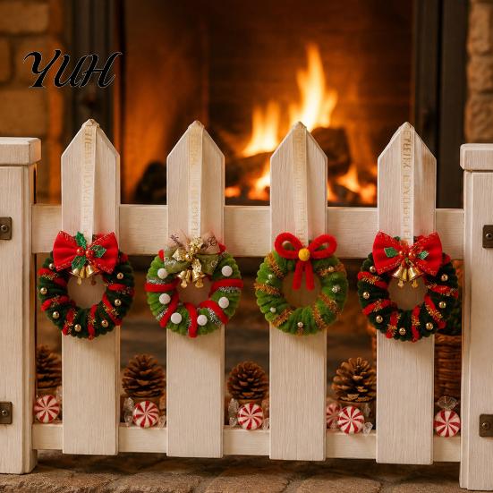 Plastic Festive Pendant Handmade Pipe Cleaner Christmas Wreath Ornament, Chenille Stems Mini Cute Holiday Ornament Crafts with Bow Bells for