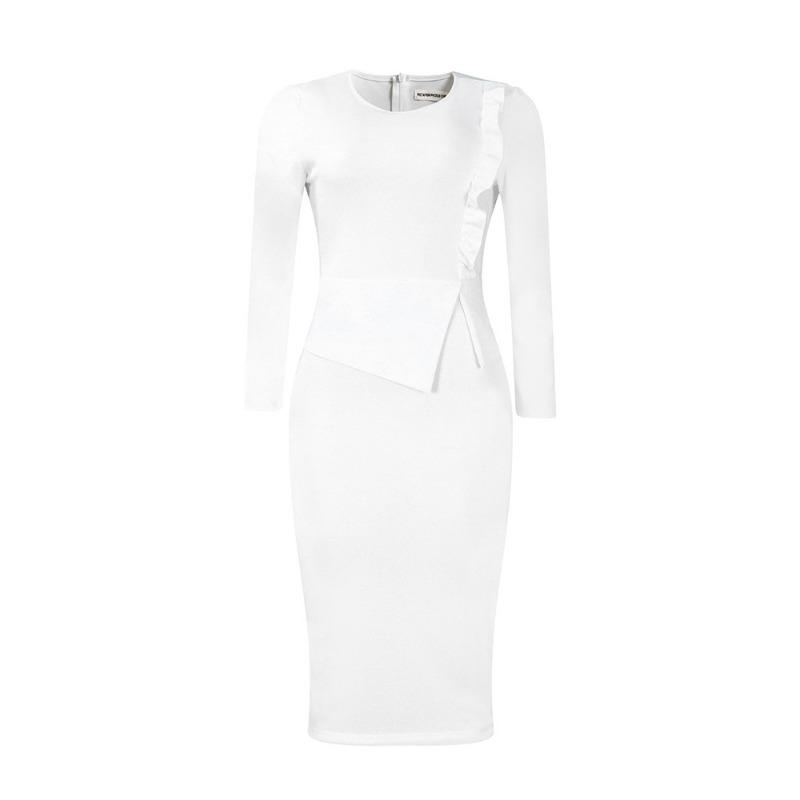 Women Elegant Office Long Sleeve High Waist Solid Bodycon Pencil Midi Dress