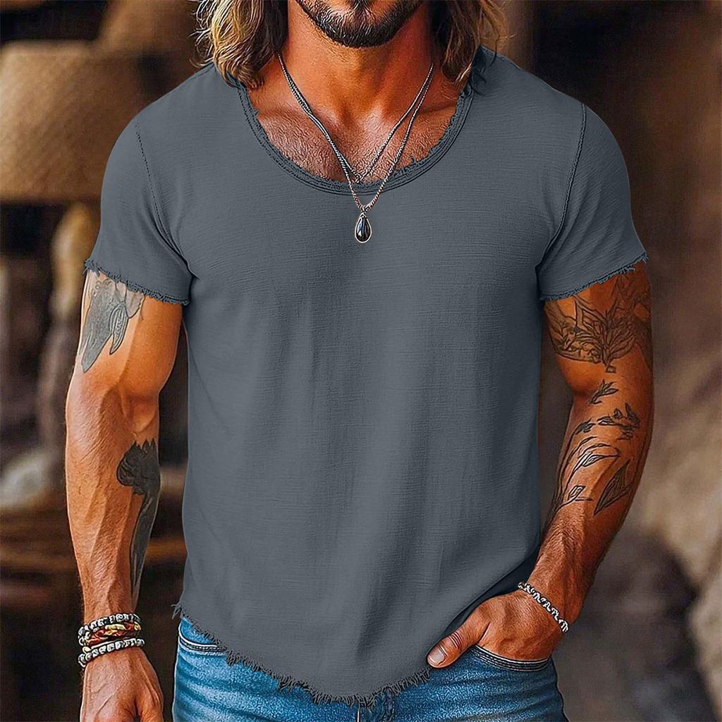 Men Casual Short Sleeve T Shirt Distressed Raw Edge Crew Neck Lightweight Summer Tee for Everyday Wear