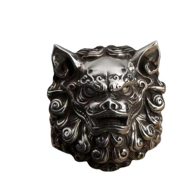 Retro Thai Silver Chinese Tang Lion Adjustable Ring for Men