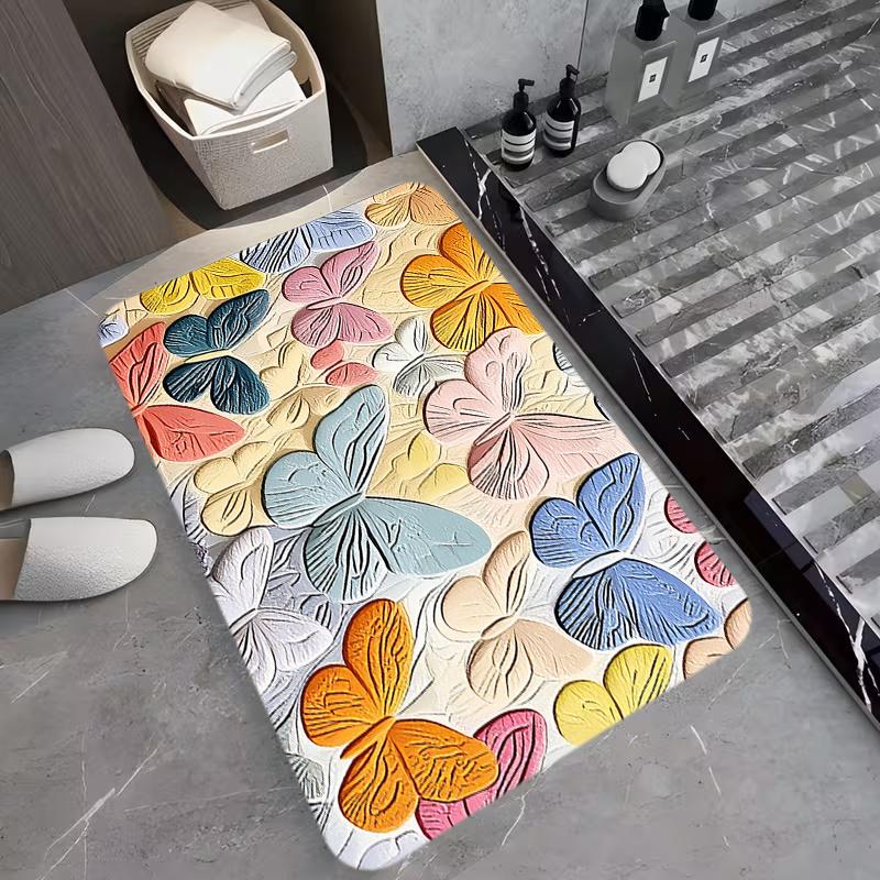 3D Butterfly Pattern Anti Slip Bathroom Mat Soft Flannel Rug Machine Washable Area Carpet for Bedroom and Living Room