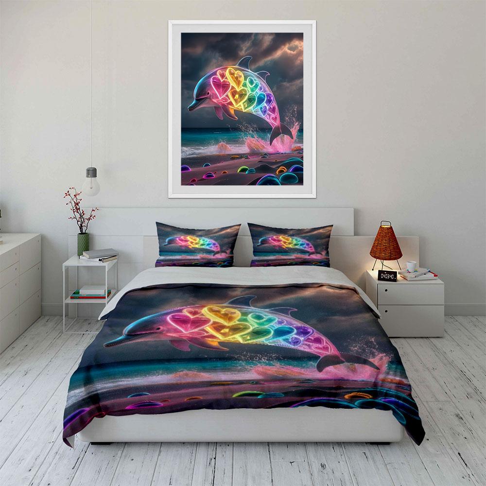 Colorful Dolphin Decor Set Bedding Set With 1 Duvet Cover 2 Pillowcases Single Double King Queen, Gift