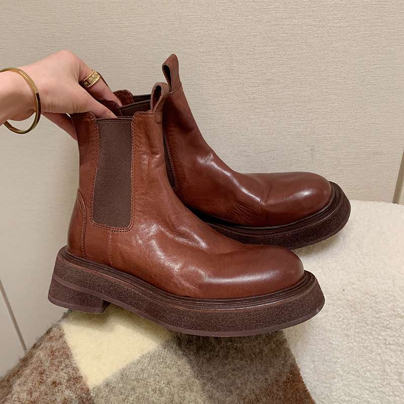 Krazing Pot Cow Leather Autumn Winter Shoes Round Toe Med Heels Slip On Concise Style Women Ankle Boots