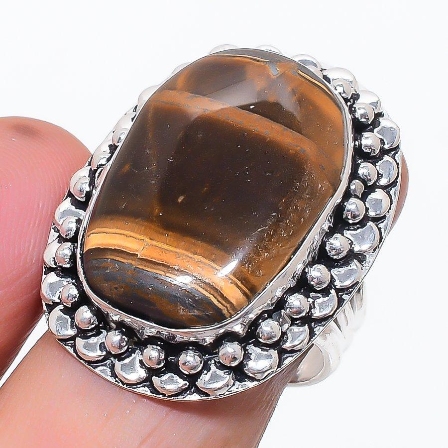 Natural Tiger Eye Gemstone Handmade 925 Sterling Silver Jewelry Ring Size 8 N8Z53