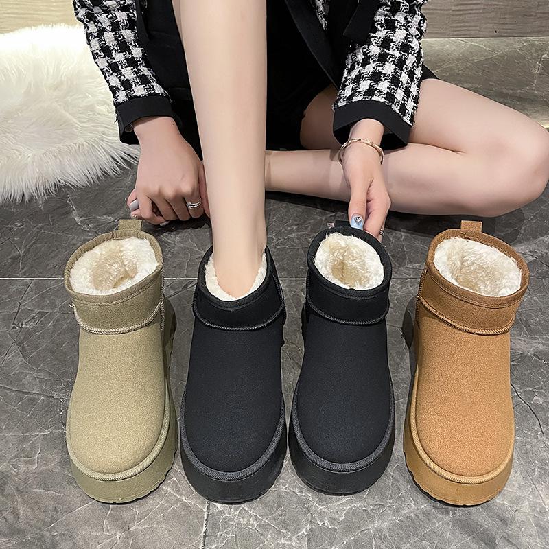 Women's 2025 Black Snow Boots - New Style, Thick Platform Sole, Solid Color, Ankle Length, Fleece-Lined Cotton for Warmth
