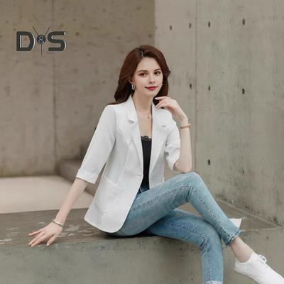 Women Suit Coat Lapel 3/4 Sleeve Button Placket Summer Suit Jacket Solid Color Thin Breathable Casual Coat