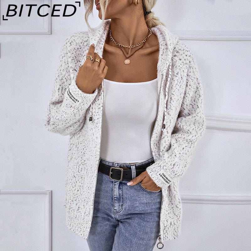

BITCED Hooded Drawstring Women s Zipper Knit Sweater Autumn/Winter Cardigan Jacket XL бежевый