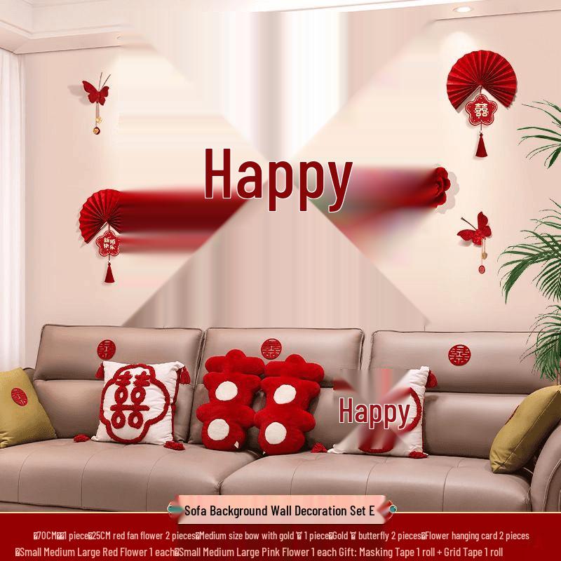 Wedding Garland Set for Living Room, Sofa, and Bedside - Bride & Groom Double Happiness Wall Decoration