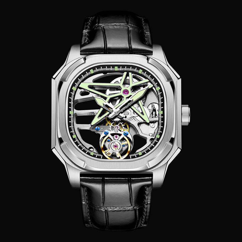 Swiss High-End Men's Mechanical Tourbillon Watch with Leather Strap