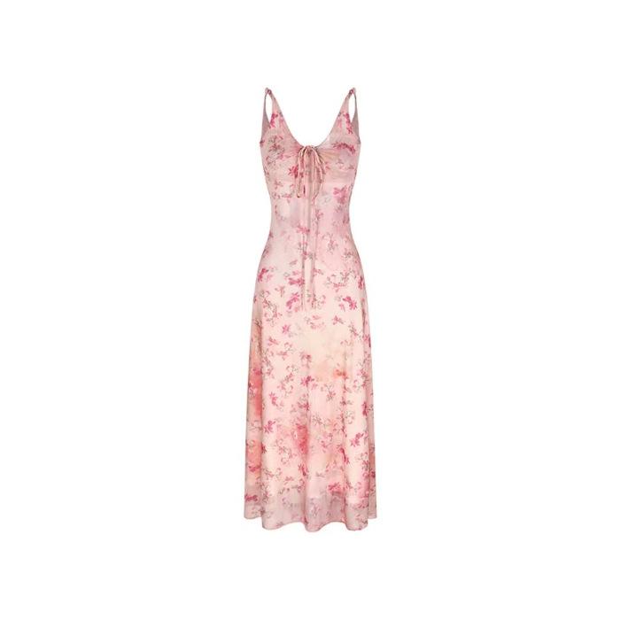 Pink thin suspender skirt summer new floral dress women s long slim waist sleeveless skirt S