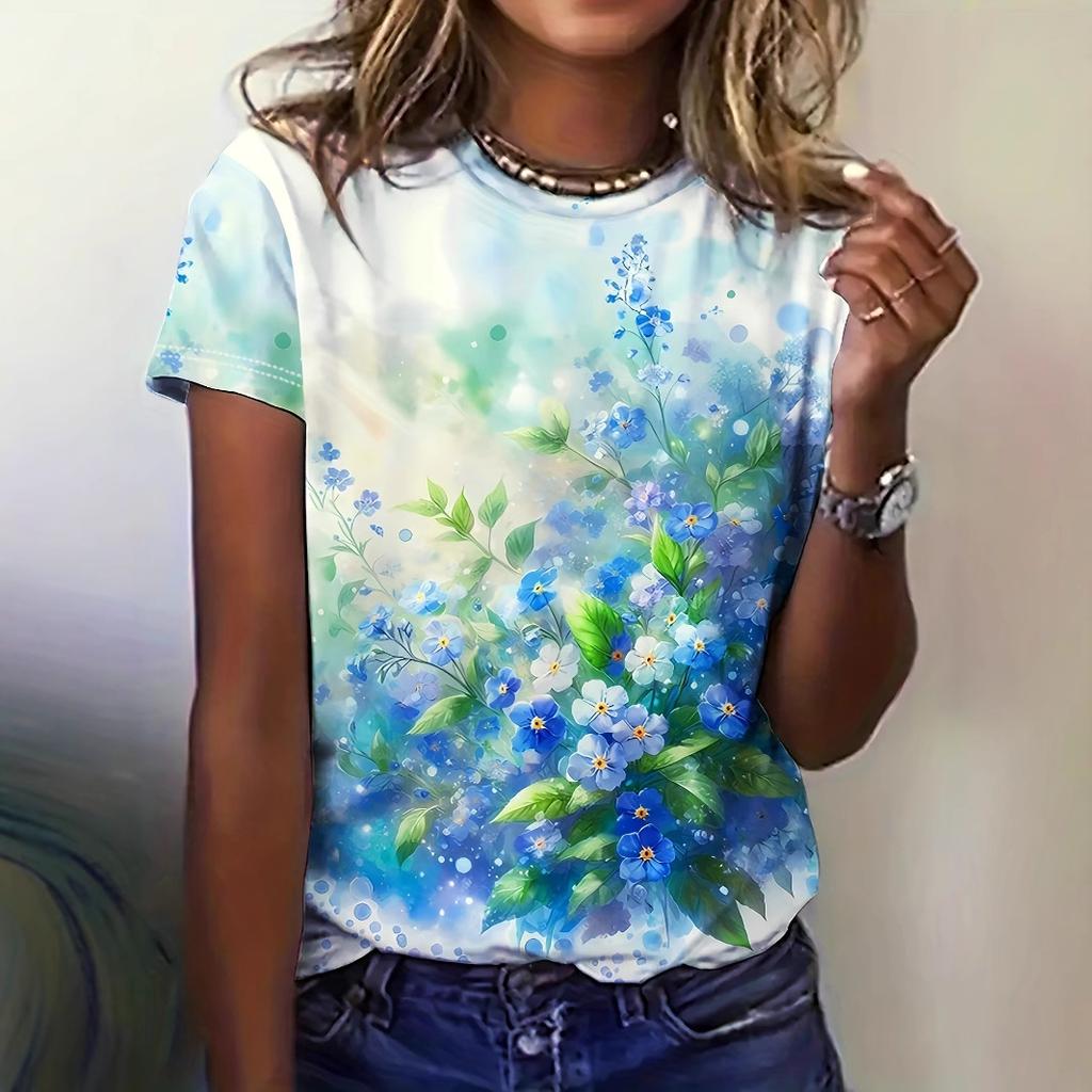 Women's round neck short sleeved T-shirt, women's summer small animal print, 3D digital print, popular print summer top 2880 EMA