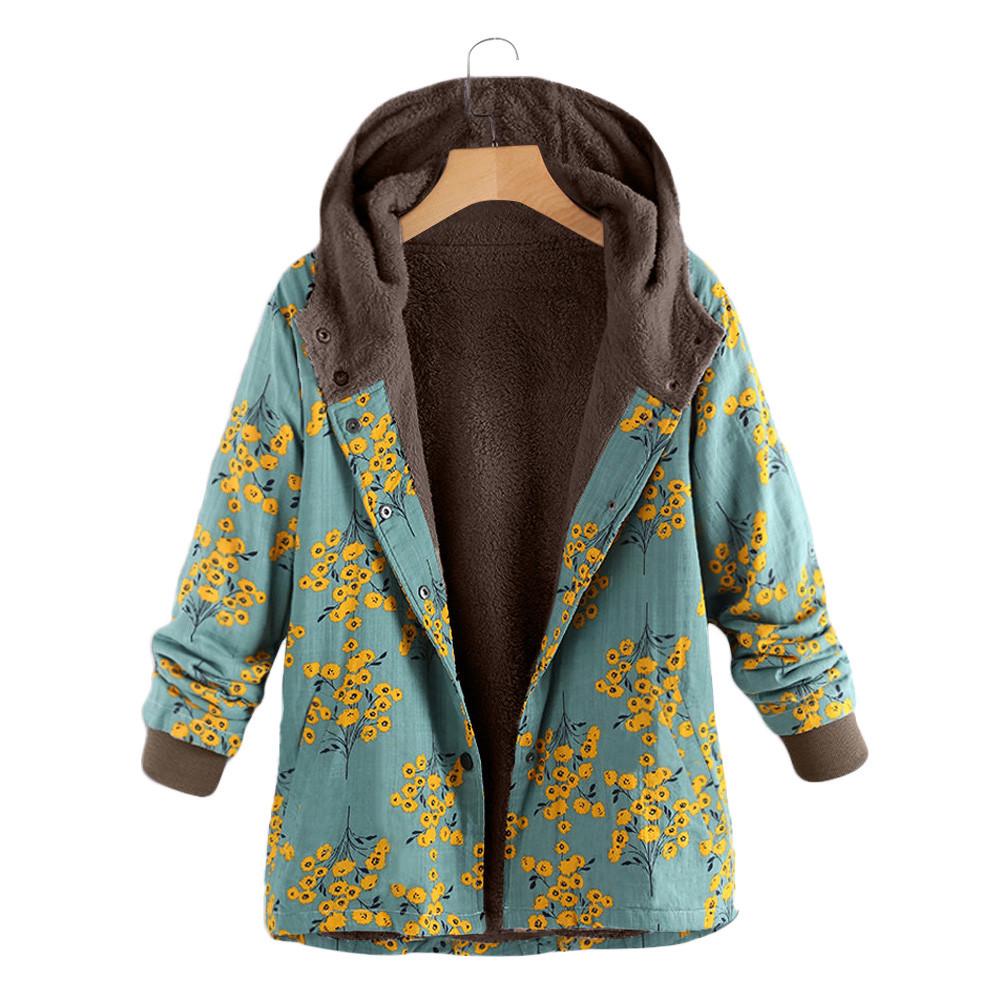 Kvinners vintervarme yttertøy med blomstertrykk Hettelommer Vintage oversize kåper