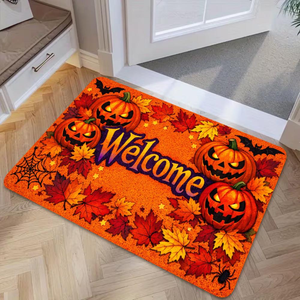 Autumn Harvest Pumpkins Welcome Rug Maple Leaves Doormat Thanksgiving Entryway Carpet Porch Sunroom Backyard Floor Decor Mat