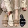 Cool Slippers Outer Wear Women's 2025 Summer New French Xiaoxiangfeng Flat Bottom One-word Drag Versatile Rhinestone Beach Slippers