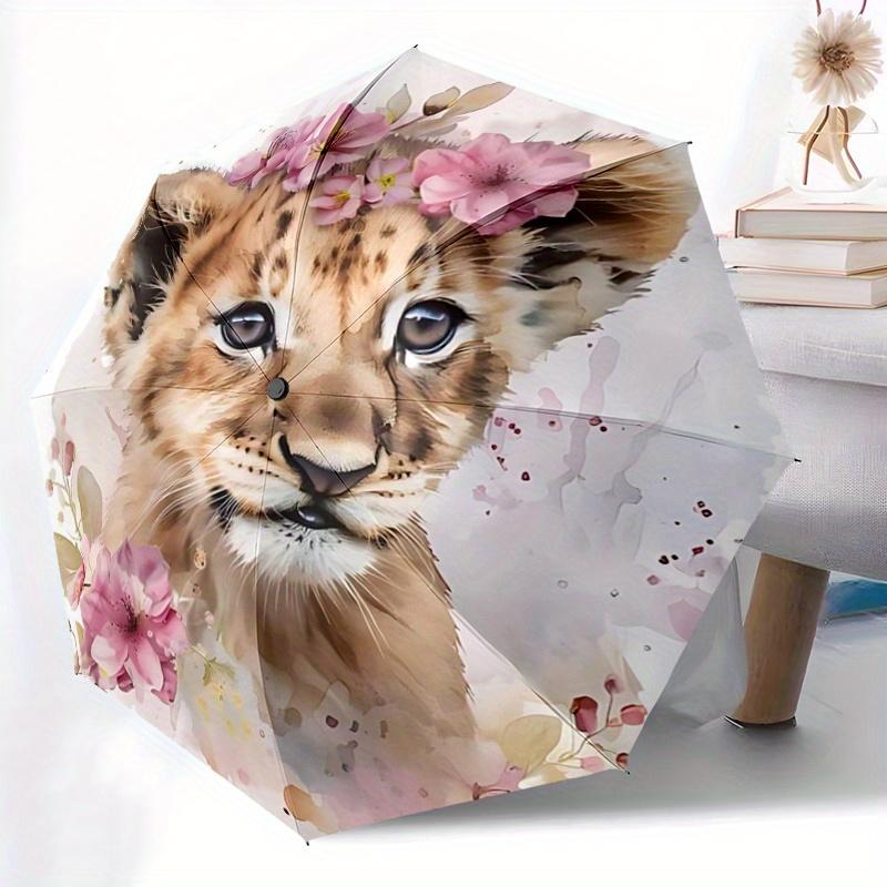 1pc Little Lion & Flowers Durable Cartoon Folding Umbrella, Portable 3-Fold Compact Umbrella for Men and Women, Suitable for Travel or Daily
