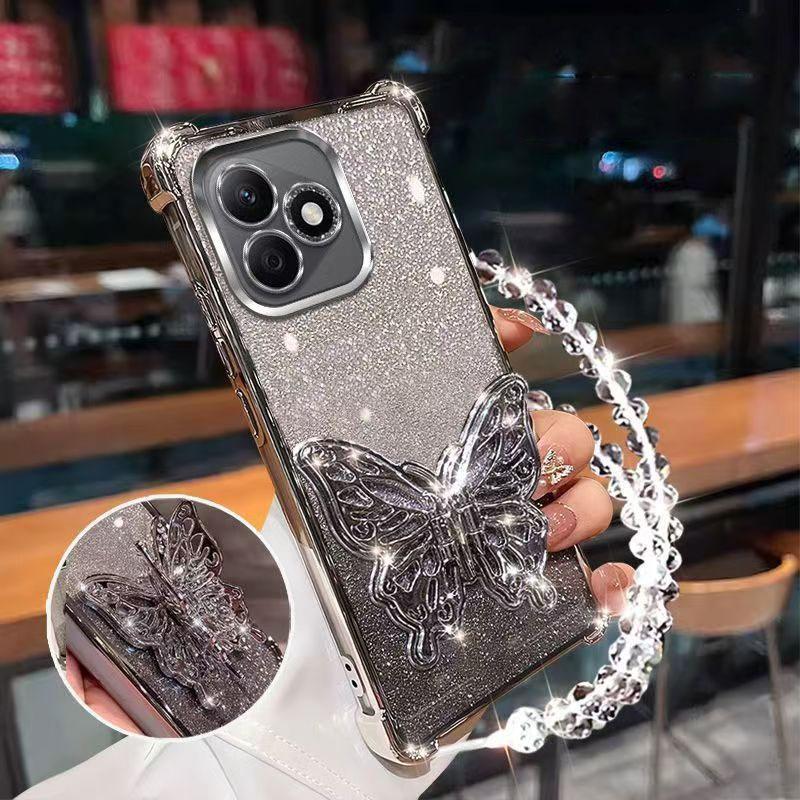 Shockproof Plating Case for Motorola Moto G24 G14 G34 G04 G84 G54 E14 G53 G52 Butterfly Phone Holder Crystal Bracelet Back Cover