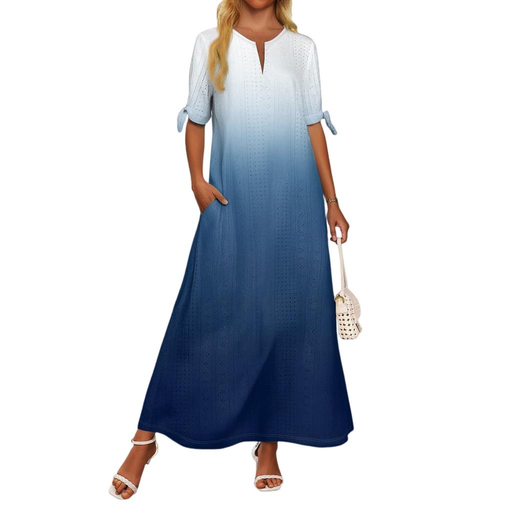 Ladies Casual Fashion Temperament Elegant Waist Gradient Color Print Long Dress