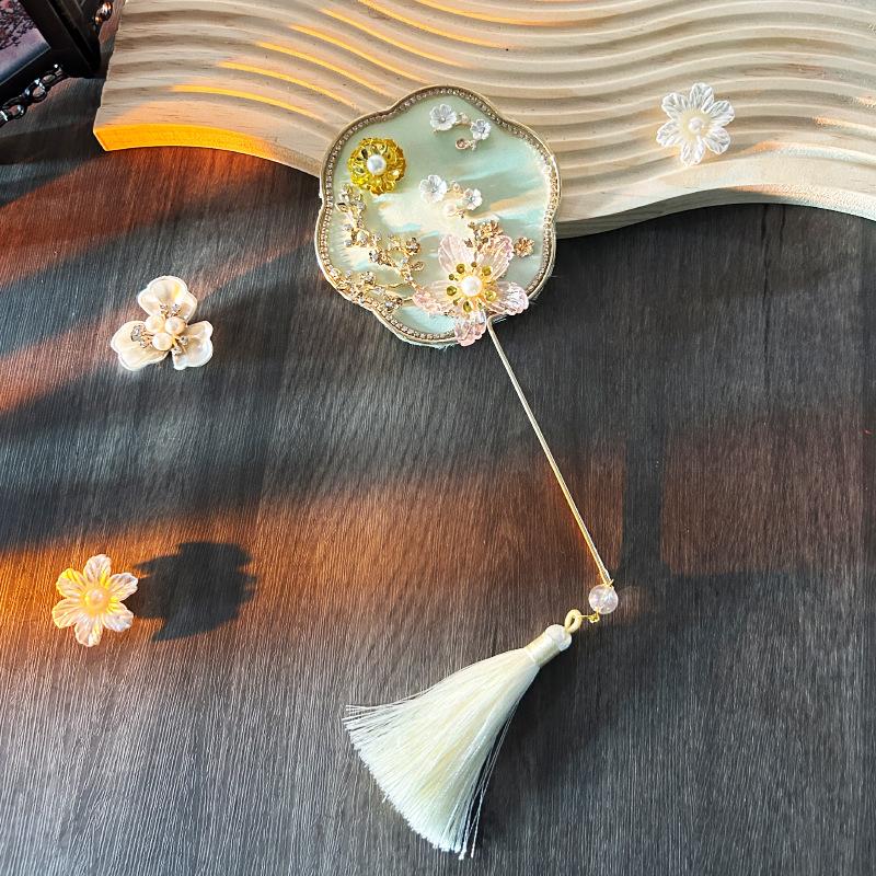 Chinese Style Embroidery Fan With Ancient Style Long Handle Tassel Mini Wedding Fan Chinese Hanfu Cheongsam Dance Hand Fan