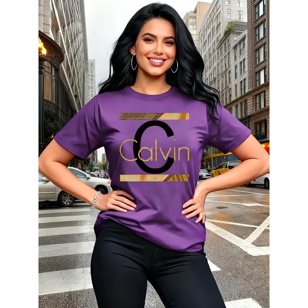 Calvin Brevtryck Dam T-shirt - Guld Grafik Grön Casual Topp