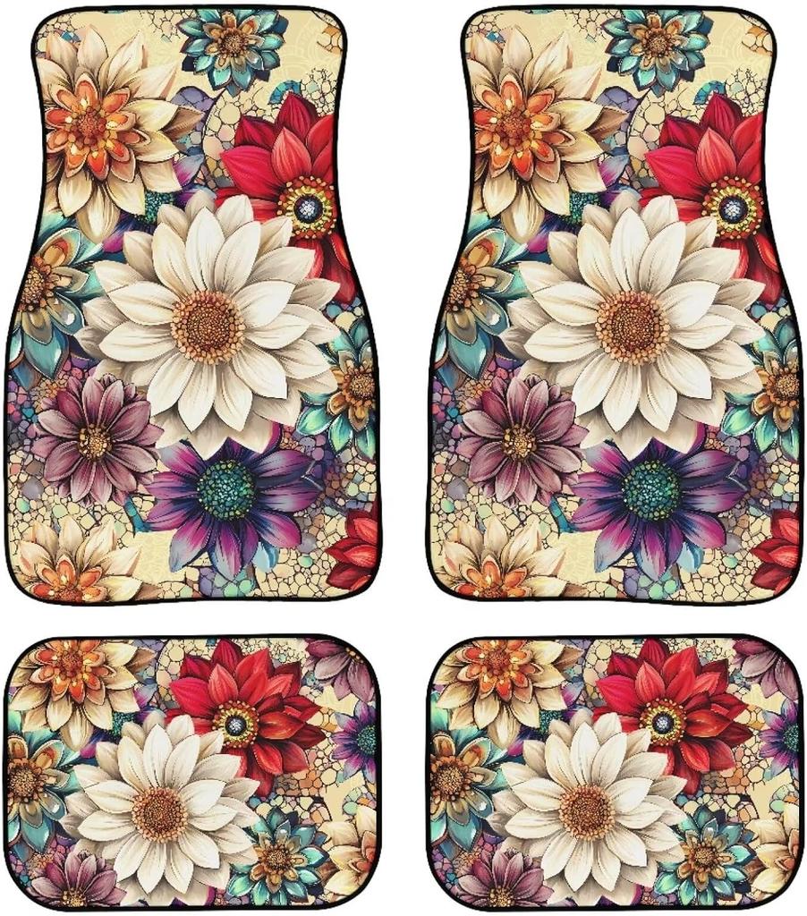 Universal Fit Auto Carpet Floor Mats Set of 4 for Women Girls Decorative Boho Floral Print Car Floor Mats Front & Rear Liners Set