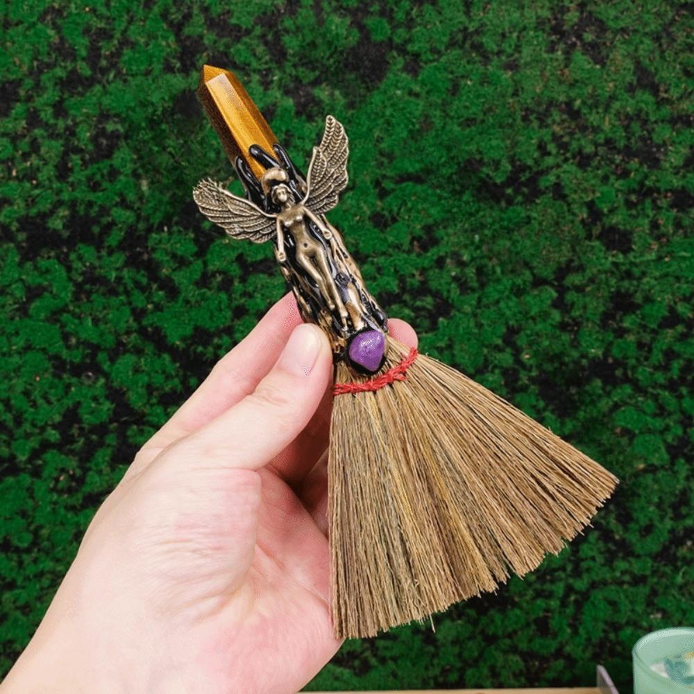 Natural Crystal Column Point Stone Broom Handmade Broom Craft Witch Broom Ornaments Desktop