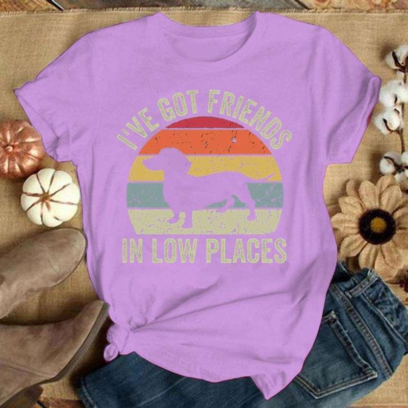 Cute Dachshund I've Got Friends In Low Places Printed T-Shirts Women Short Sleeve Funny Round Neck Tee Shirt Casual Summer Tops