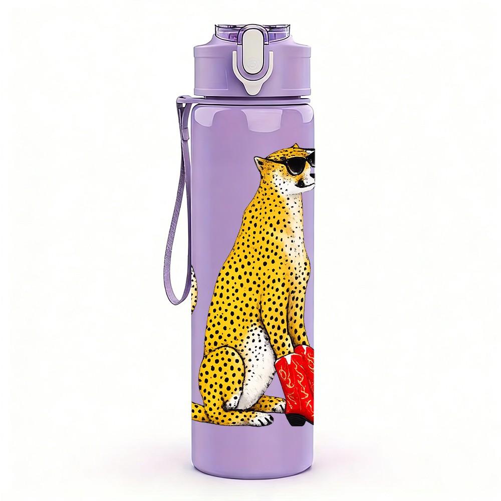 1PC Spotted Cheetah Wild Cat Animal Print 750ml Color Plastic Sports Water Bottle Leakproof Flip Straw Lid Suitable for Sports Office Home Use
