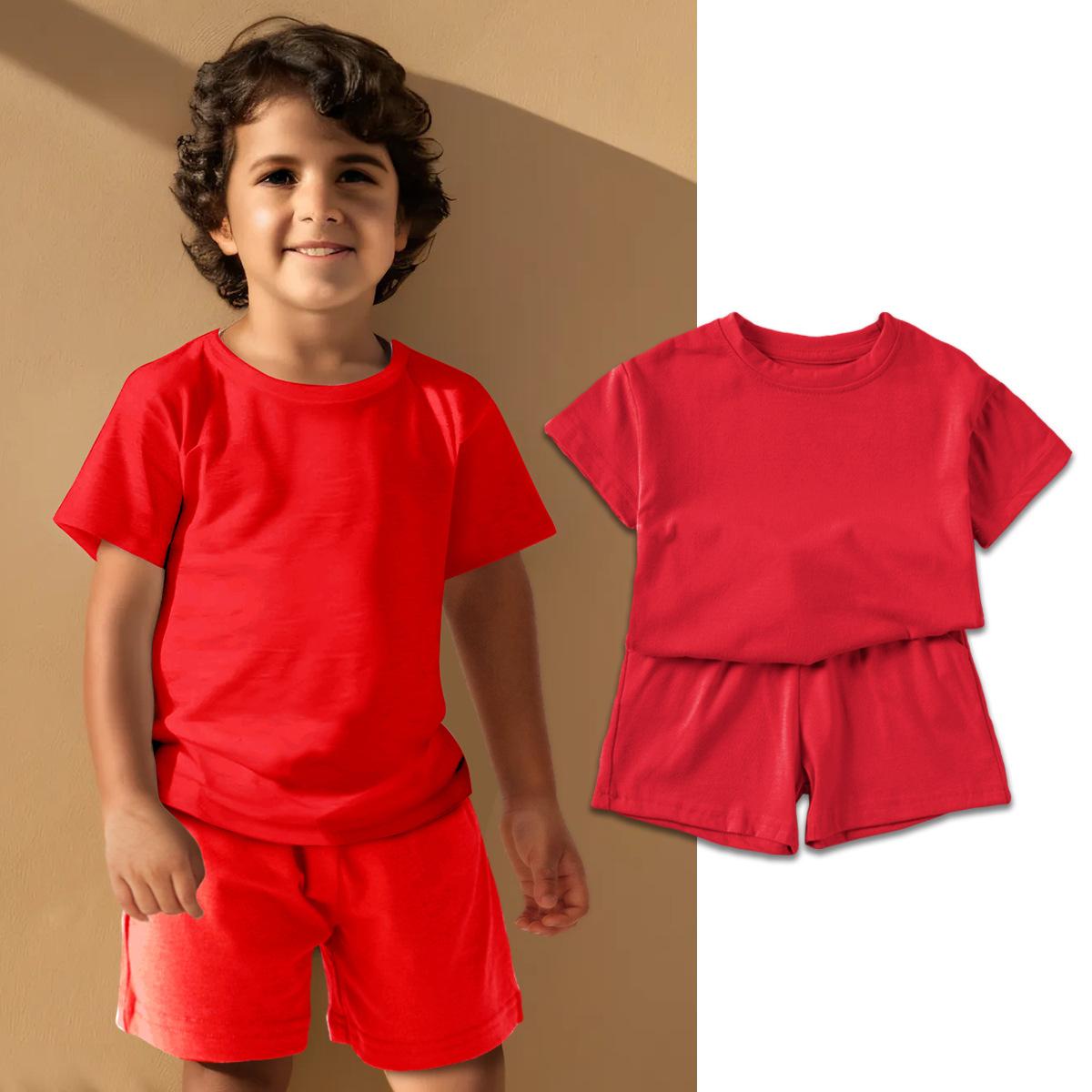 

Хлопковые шорты с коротким рукавом для мальчиков и девочек, однотонный комплект для отдыха, летний детский модный комплект 2025 года 130（6-7Y） красный