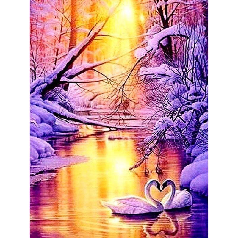 5D DIY Diamond Painting Dusk View Diamond Embroidery Swan Animal Cross Stitch Full Round Drill Manual Art Home Decor Gift