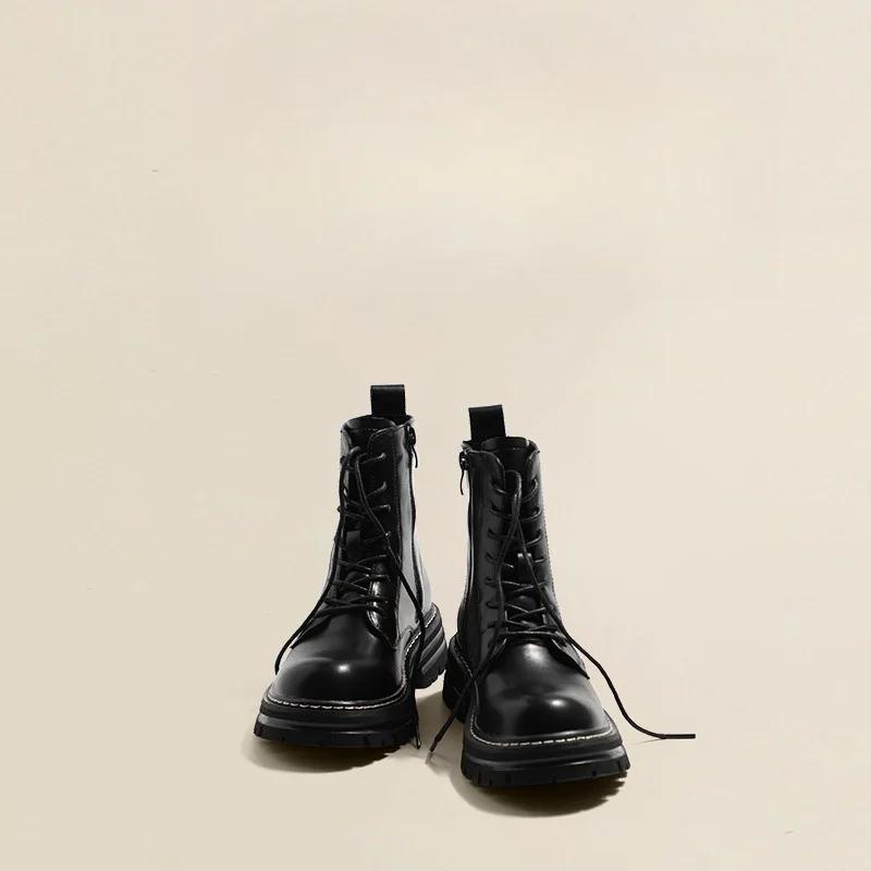 Fashion Genuine Leather Boots for Women Motorcycle Boots Women Thick Bottom Stitching Short Boot Classic Simple Style Women Ankle Boots