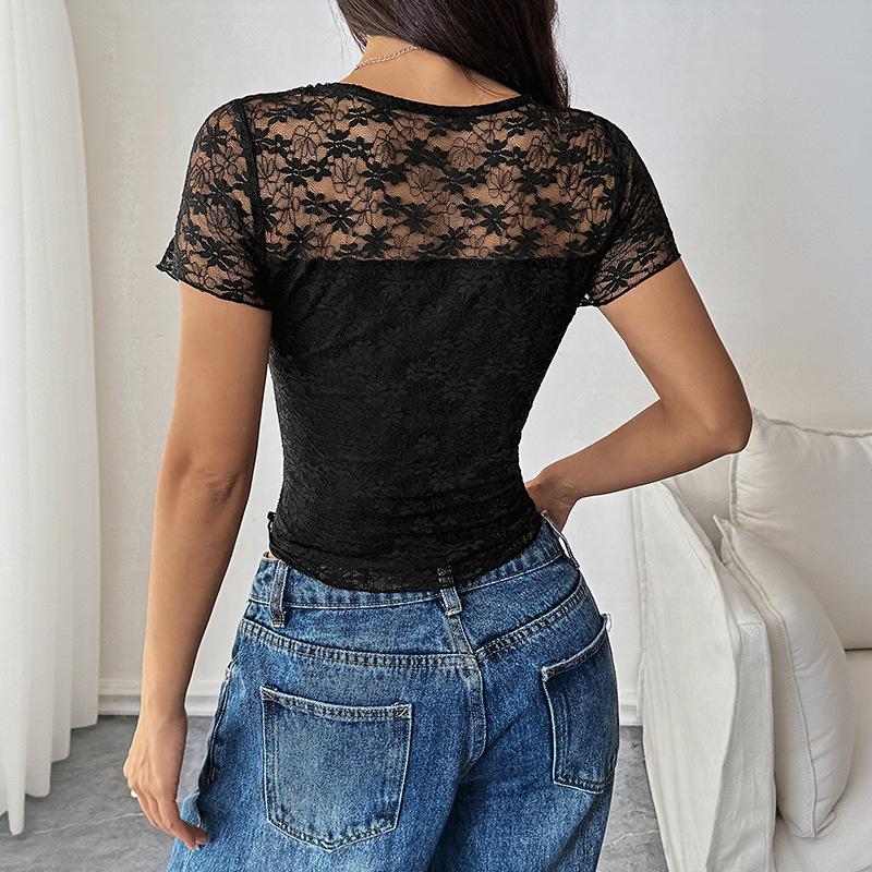 Damen Sommer Einfarbig Slim Sexy Spitze Patchwork Top